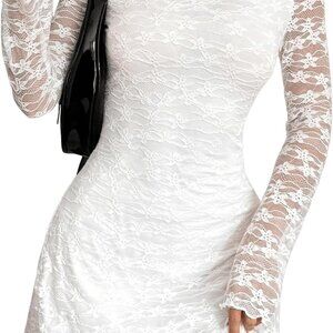 Women's Floral Lace Bell Sleeve Short Bodycon Dress for Prom Party Night
